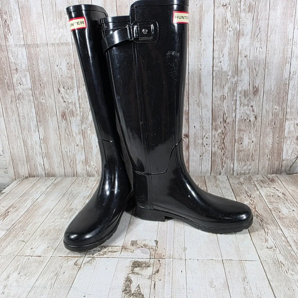 Hunter Original Refined Tall Rain Boots Black Glossy Waterproof Womens US 5